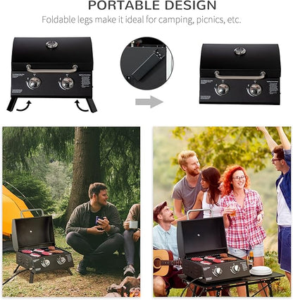 Outsunny 2 Burner Propane Gas Grill Outdoor Portable Tabletop BBQ with Foldable Legs, Lid, Thermometer for Camping, Picnic, Backyard, Black