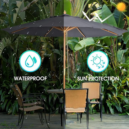 9ft Wooden Umbrella, Outdoor Patio Umbrella, Wood Market Umbrella, Patio Umbrella Wood Pole with Pulley Lift for Garden, Yard, Deck, Pool, Market