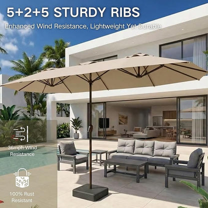 Kingdura 13ft Large Patio Umbrella with Base Included, Double-Sided Rectangle Outdoor Table Umbrella with 12 Reinforced Ribs, Crank Lift for Market Pool Deck Backyard, Beige