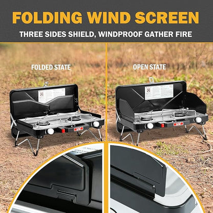Feasto 2 Burner Propane Camping Stove with Folding Legs, Outdoor Portable Camp Stove with Push-Button Ignition & Wind Guards for Camping, Tailgating, BBQ, & More, Black