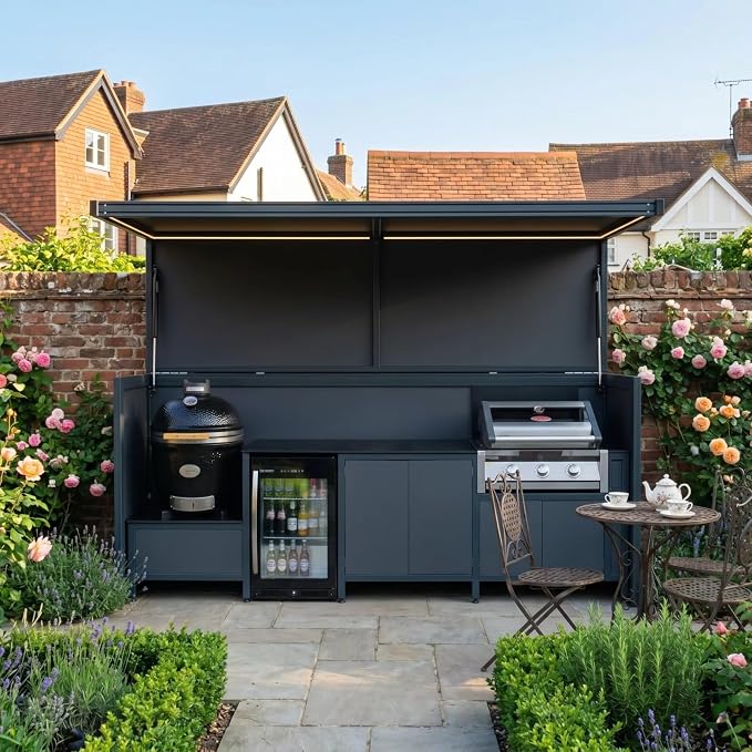 Weatherproof Modular Outdoor Kitchen | Outdoor Kitchen Island with BBQ Grill, Sink & Refrigerator, Ideal for Glamping Resort, Villa Backyard & Restaurant Patio