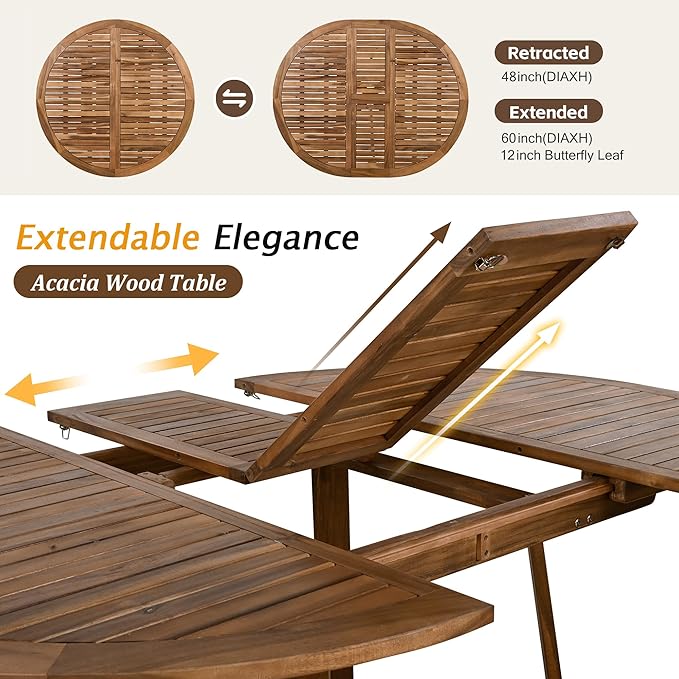 Merax 5 Piece Patio Dining Set, Outdoor Acacia Wood Extendable Round Table with 12 Inch Butterfly Leaf and 4 Rattan Arm Chairs w/Cousions & Pillows for Backyard,Balcony, Garden, Poolsid, Natural