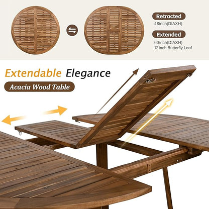 Merax 5 Piece Patio Dining Set, Outdoor Acacia Wood Extendable Round Table with 12 Inch Butterfly Leaf and 4 Rattan Arm Chairs w/Cousions & Pillows for Backyard,Balcony, Garden, Poolsid, Natural