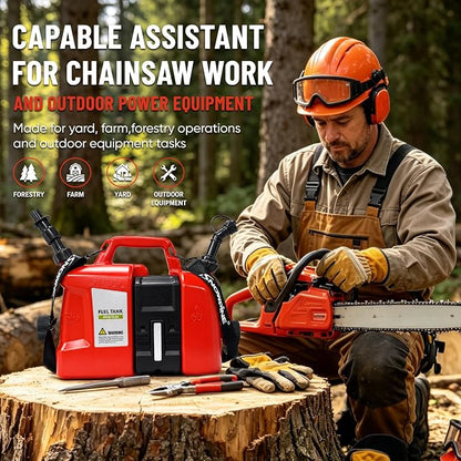 Dual-Chamber Chainsaw Fuel and Bar Oil Can, Portable 2-in-1 Refueling Container with Adjustable Shoulder Strap, Visible Level Window, Covered Tool Storage Box and Leak-Resistant Pour Spouts for Forestry Yard Farm Work