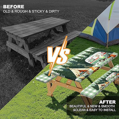 Picnic Table Cover with Bench Covers and Bag, Forest Rv Tent Campfire Checkered Camping Tablecloth Waterproof Windproof Oilproof Elastic Edges Fitted Tablecloths for Outdoor Garden 3PCS 30x60 Inch
