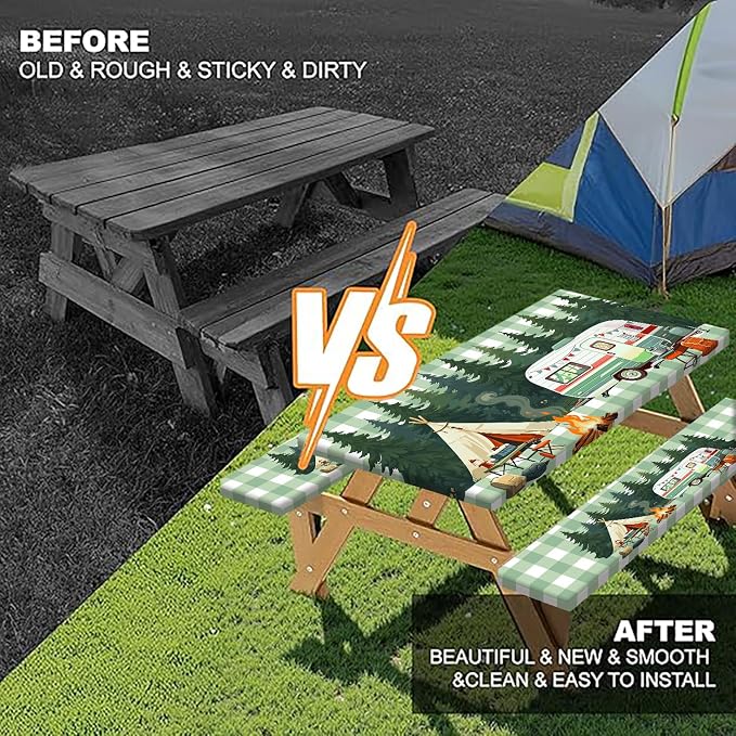 Picnic Table Cover with Bench Covers and Bag, Forest Rv Tent Campfire Checkered Camping Tablecloth Waterproof Windproof Oilproof Elastic Edges Fitted Tablecloths for Outdoor Garden 3PCS 30x96 Inch