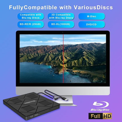 8-in-1 External Blu-ray Drive, USB-C Hub & Card Reader for Laptop | Win11/10/8/7/Mac OS.compatible · 2 USB + USB-C ports,TF/SD Card Reader, · 1+4 storage bags included