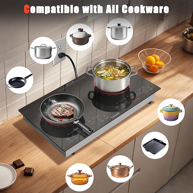 2 Burner Electric Cooktop, Two Burner Ceramic Cooktop 2000W, 24 Inch Countertop & Built-in Electric Stove top for Camping, Outdoor, Child Lock, Timer, 8 Power Levels, 110V-120V Plug in, Blue