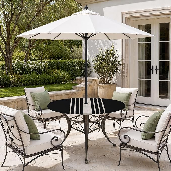 Outdoor Fitted Tablecloth with Umbrella Hole and Zipper, Black Beige Striped Elastic Round Patio Table Cover, Farmhouse Retro Lines Modern Windproof Table Protector for Backyard BBQ Party 31''-35''
