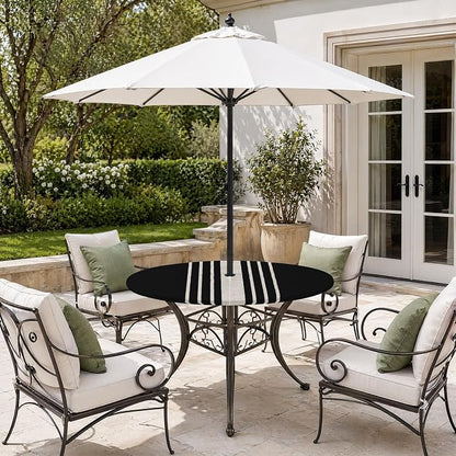 Outdoor Fitted Tablecloth with Umbrella Hole and Zipper, Black Beige Striped Elastic Round Patio Table Cover, Farmhouse Retro Lines Modern Windproof Table Protector for Backyard BBQ Party 31''-35''