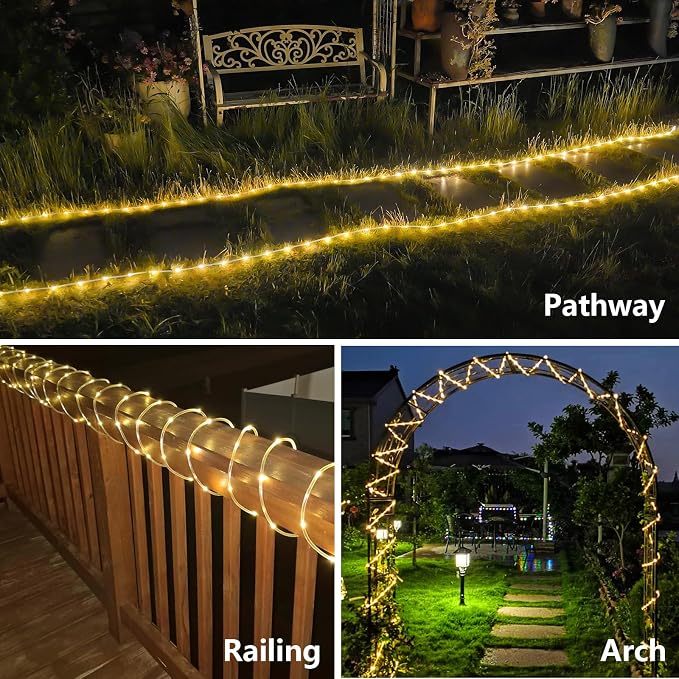 YEGUO Solar Rope Lights Outdoor Waterproof, 66ft 200 LED Warm White String Lights, 8 Modes Fairy Lights in Clear Thin Tube