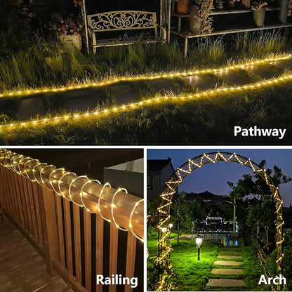 YEGUO Solar Rope Lights Outdoor Waterproof, 66ft 200 LED Warm White String Lights, 8 Modes Fairy Lights in Clear Thin Tube