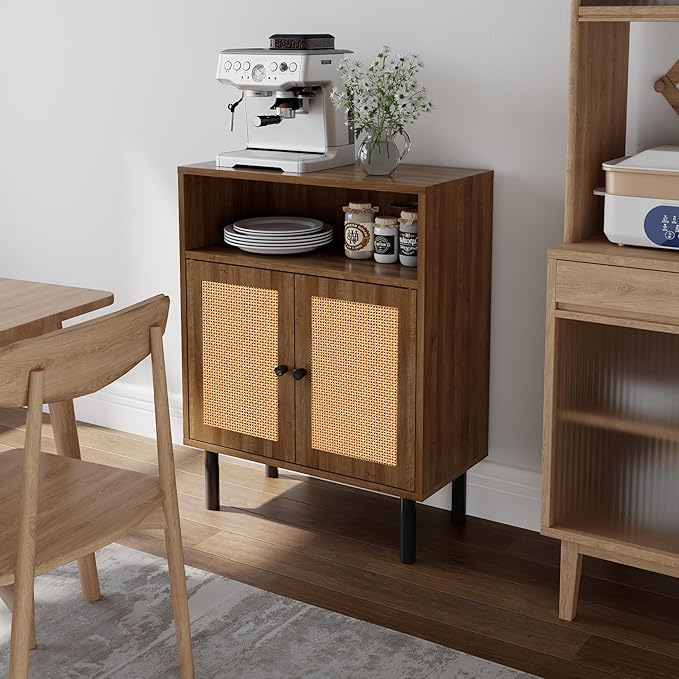 Rattan Storage Cabinet, Boho Accent Cabinet with Double Doors | Small Freestanding Sideboard for Hallway, Laundry Room,Kitchen, Dining Room, Entryway (Walnut)