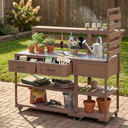 GDFStudio Elshire Patio Kitchen Island Cart with Storage, Wooden Outdoor Storage Cabinet with Stainless Steel BBQ Prep Table Top, Drawers, Raised Shelf and Lockable Wheels, Garden Potting Bench, Brown