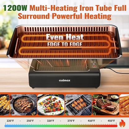 Indoor Smokeless Electric Korean BBQ Grill - 1200W With Non-stick Removable Plate & Griddle, LED Smart Display, Tempered Glass Lid, Adjustable Temperature - Black