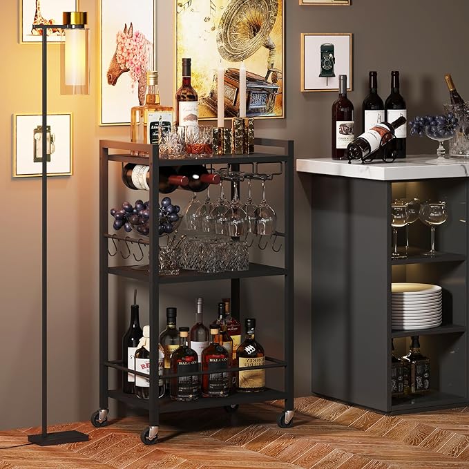 TUTOTAK Bar Cart with Wheels, Mini Drink Cart with Wine Rack & Glass Holder | 3-Tier 17 Inch Wide Home Bar Serving Carts, Small Mobile Kitchen Shelf with 6 Hooks, Black V1BC01BK035