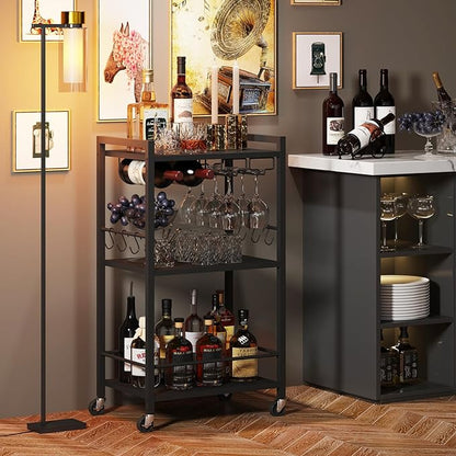 TUTOTAK Bar Cart with Wheels, Mini Drink Cart with Wine Rack & Glass Holder | 3-Tier 17 Inch Wide Home Bar Serving Carts, Small Mobile Kitchen Shelf with 6 Hooks, Black V1BC01BK035