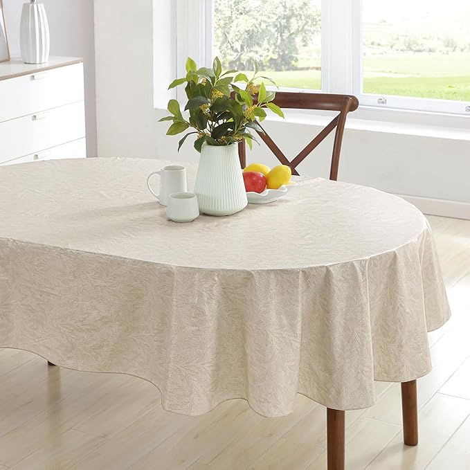 Newbridge Napa Leaf Taupe Vinyl Flannel Backed Tablecloth, 60 x 84 Inch Oval, Hotel Quality Waterproof Indoor Outdoor Table Cover for Kitchen, Patio, Dining, BBQ