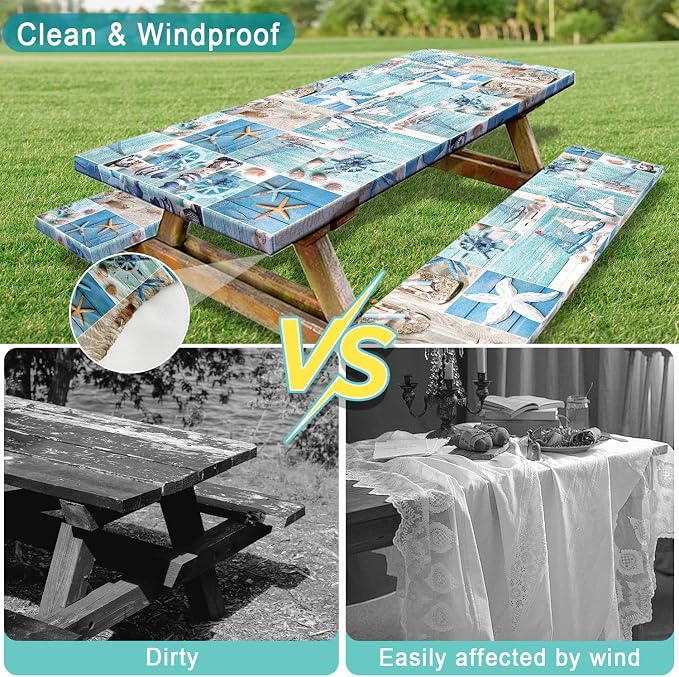 Picnic Table Cover with Bench Covers, Outdoor Camping Patio BBQ RV Essentials, Waterproof Windproof Camping Tablecloth with Drawstring Bag, Fitted Rectangle Tables and Seats, 72in, Nautical