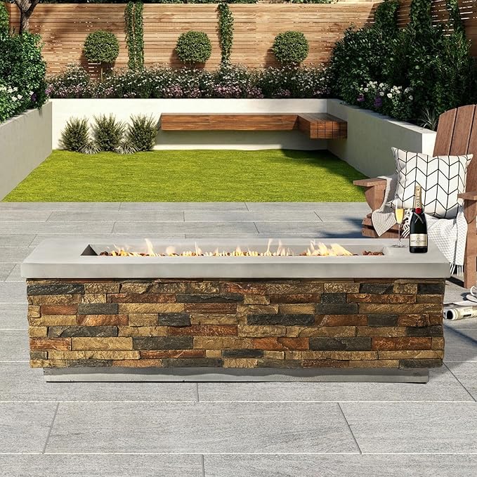 60" Outdoor Propane Gas Fire Pit, 60,000 BTU Patio Firepit, Concrete Fire Pit with Stacked Stone Base, Stainless Steel Burner, Lava Rocks, Optional Natural Gas Conversion Fire Pit