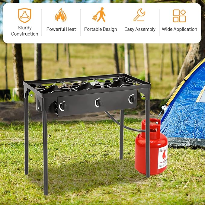 Giantex Outdoor Triple Burner Stove, High Pressure 3 Burner Stand Max. 225,000 BTU total, 0-20 PSI Regulator Detachable Legs, Portable 3 Propane Grill Burner Stove for Camping Picnic Cookout