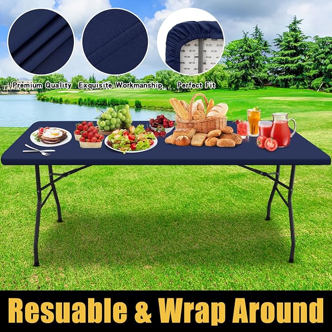 Smiry Rectangle Picnic Table Cloth, Waterproof Elastic Fitted Tablecloths for 6 Foot Tables, Washable Polyester Table Cover for Camping, Indoor and Outdoor (Navy, 36"x72")