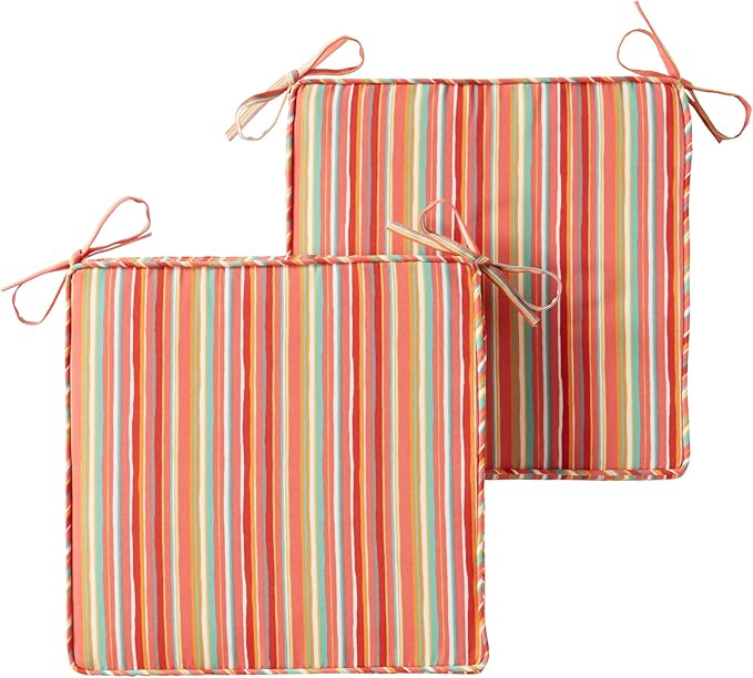 Outdoor 18 inch Square Patio Dining Chair Pads – Comfortable Fiber-Filled Seat Cushions with Ties, Reversible Polyester Fabric - Watermelon Stripe, Set of 2