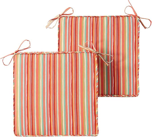 Outdoor 18 inch Square Patio Dining Chair Pads – Comfortable Fiber-Filled Seat Cushions with Ties, Reversible Polyester Fabric - Watermelon Stripe, Set of 2