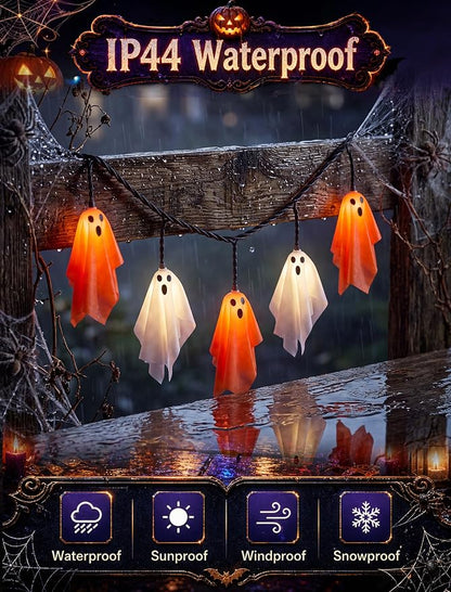 8.5Ft 10 LED Halloween Light Up Decoration Flying Ghost Lights Orange White | 4.8W 120V, Plug in End-to-End Connectable, Waterproof & Shatterproof, UL Listed for Yard Patio Party Porch Halloween Decor