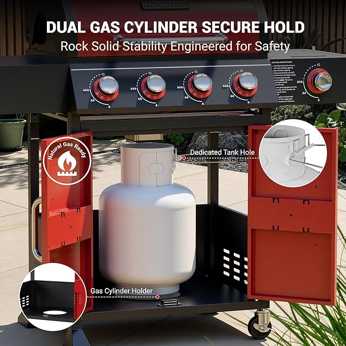 HUGROVE 4 Burner Propane Gas Grill with Side Burner, 601 Sq. In. Cooking Area with Warming Rack 56,000 BTU BBQ Grill with Porcelain-Enameled Cast Iron Grates for Outdoor Cooking