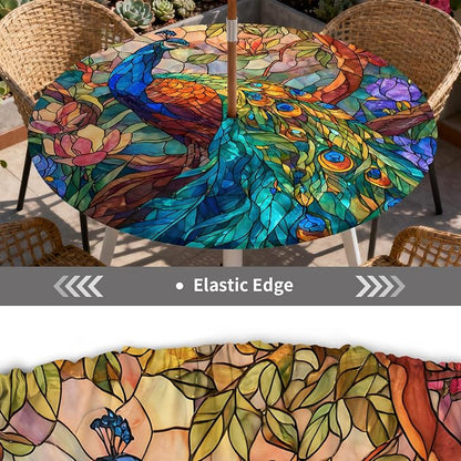 Outdoor Tablecloth with Umbrella Hole and Zipper Fits 61-65" Tables | Waterproof Round Fitted Tablecloth with Elastic Edge, Wipeable Outdoor Table Cover for Patio, Garden, Picnic
