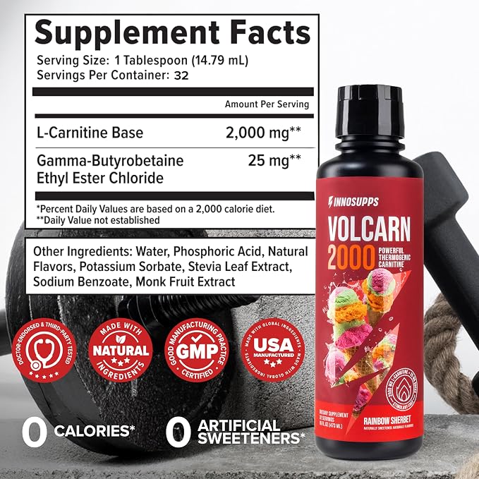 Volcarn 2000 L-Carnitine Liquid Energy, Rainbow Sherbert, 32 Servings | Energy booster and ATP supplement with GBEEC; Enhances focus; Caffeine-free, no artificial sweeteners