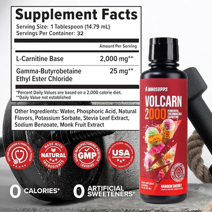 Volcarn 2000 L-Carnitine Liquid Energy, Rainbow Sherbert, 32 Servings | Energy booster and ATP supplement with GBEEC; Enhances focus; Caffeine-free, no artificial sweeteners