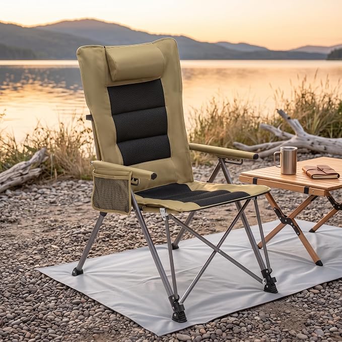 Adjustable Folding Beach Chair, Portable Camping Chair for Adults with Backrest, Reclining Outdoor Chair with Cup Holder & Pocket, Foldable Low Beach Chair for Camping, Picnic, Khaki