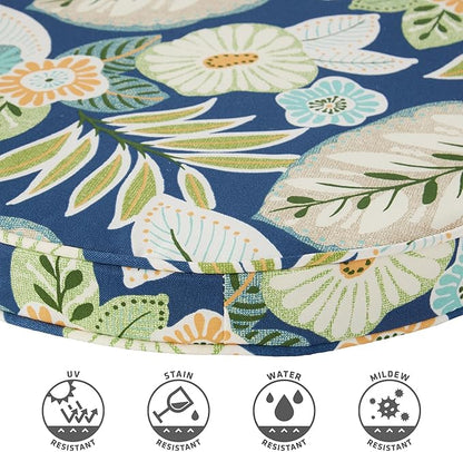 Set of 2 Outdoor 18 inch Round Patio Dining Chair Pads – Comfortable Fiber-Filled Seat Cushions with Ties, Reversible Polyester Fabric - Marlow Blue Floral