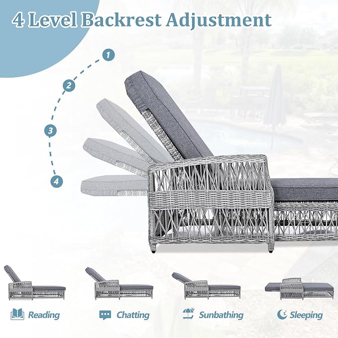 Merax Outdoor Rattan Chaise Lounge Set of 4, All-Weather Patio Recliners with 4-Position Adjustable Backrests, Armrests, and Removable Cushions for Poolside & Garden, Grey