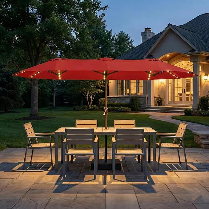 Kingdura 15ft Large Patio Umbrella with Solar Lights, Double-Sided Rectangle Lighted Outdoor Table Umbrella with Base Included, 12 Reinforced Ribs, 48 Led Lights, Crank Lift for Market Pool Deck Backyard, Red