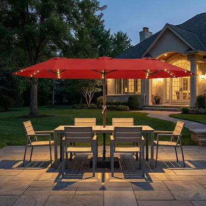 Kingdura 15ft Large Patio Umbrella with Solar Lights, Double-Sided Rectangle Lighted Outdoor Table Umbrella with Base Included, 12 Reinforced Ribs, 48 Led Lights, Crank Lift for Market Pool Deck Backyard, Red