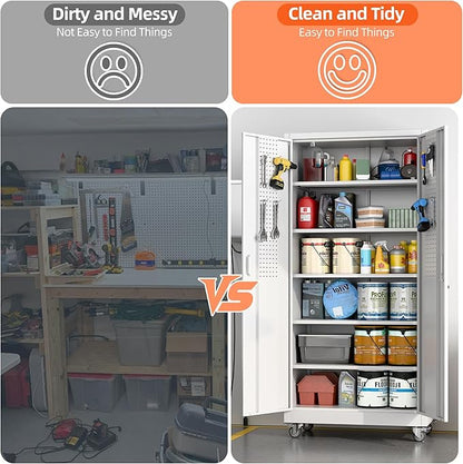 Aobabo Metal Storage Cabinet with Wheels, Steel Locking Cabinet with Pegboard Doors, Garage Cabinet for Office Pantry, 5 Adjustable Shelves, 16" D x 32" W x 71" H,Required-Assembly,White