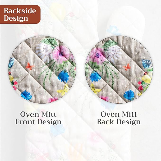 Maison d'Hermine Oven Gloves 100% Cotton Oven Mitt 7" x 13" with Loop Heat Resistant BBQ Cooking Gloves Baking Grilling Kitchen Hotel Home Farmhouse Spring Summer (Pack of 1, Jardin D'Ete - Fog)