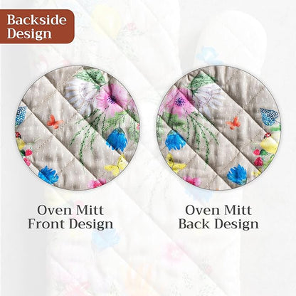 Maison d'Hermine Oven Gloves 100% Cotton Oven Mitt 7" x 13" with Loop Heat Resistant BBQ Cooking Gloves Baking Grilling Kitchen Hotel Home Farmhouse Spring Summer (Pack of 1, Jardin D'Ete - Fog)