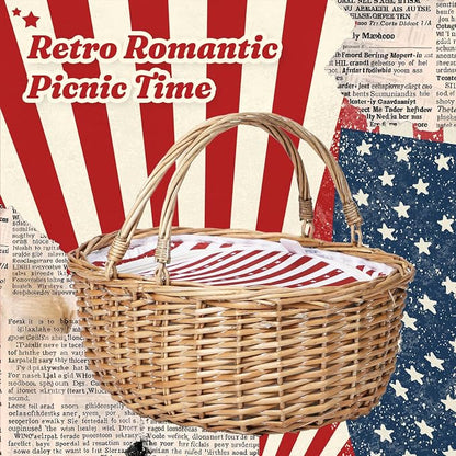 Wicker Picnic Basket 15"x11"x7" Insulated Liner Red White Stars | Insulated Zip Liner Helps Keep Drinks and Snacks Cool, Sturdy Woven Basket Suits Parks, Camping, Holidays and Gift Giving