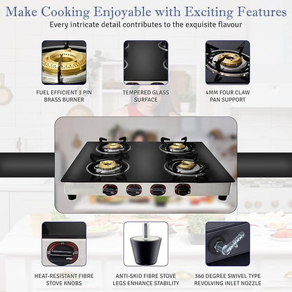 24 inch Gas Cooktop - Tempered Glass Gas Stove with 4 Burner & Stainless Steel Lower Body - Counter top GasStove for RV Propane Stove, Apartment, or Outdoor use with Hose Pipe & Regulator