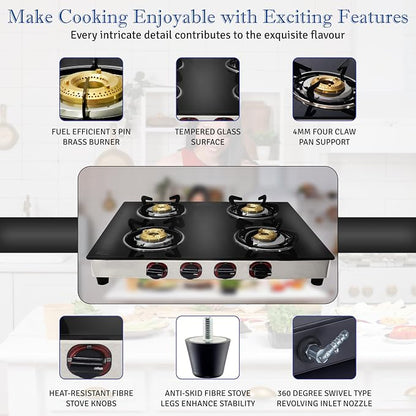 Gas Stove with 4 Burner - Propane gas cook top Tempered Glass RV Stove - Portable stainless gas stove Burners For Cooking -With Hose & Regulator to Connect Propane Tank | RV Stove, Portable Stainless Gas Stove Burners for Cooking with Hose & Regulator ...