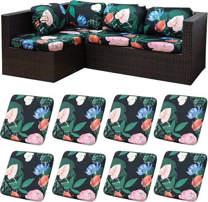8Pcs Patio Cushion Covers, Outdoor Stretch Cushion Covers, Washable | Stretch Fit, Replacement, Washable and Reusable Furniture Protectors, Fits most patio furniture cushion covers, Cover Only