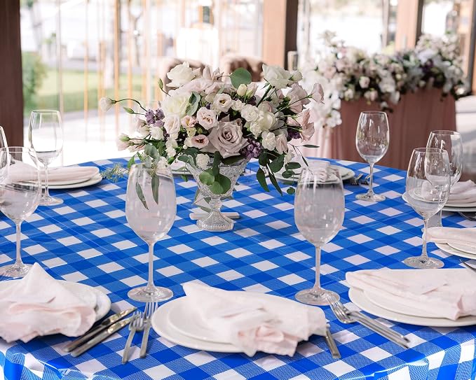 Disposable Checkered Tablecloth Round Plastic Buffalo Plaid Table Cloth 84'' Gingham Tablecover for Picnic Camping BBQ Graduation Party (Blue and White, 3 Pieces)