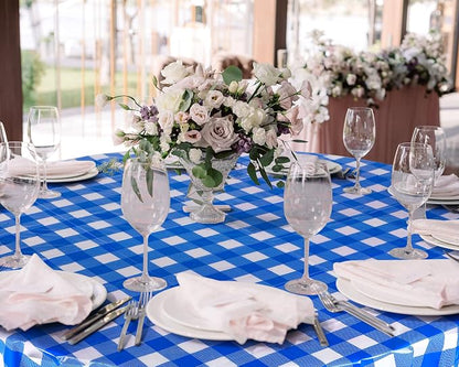 Disposable Checkered Tablecloth Round Plastic Buffalo Plaid Table Cloth 84'' Gingham Tablecover for Picnic Camping BBQ Graduation Party (Blue and White, 3 Pieces)