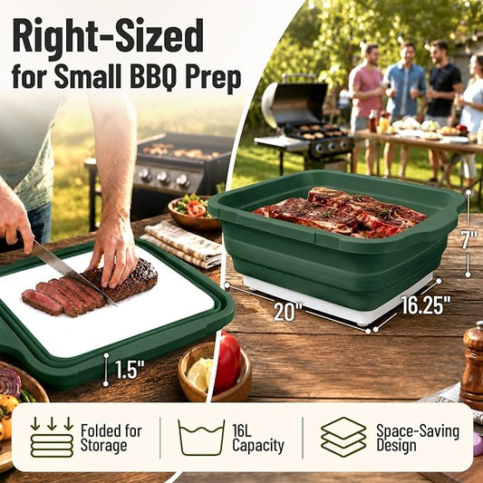 BBQ Prep Tub,16L Foldable Cutting Board with Locking Lid, Green for Outdoor | Outdoor Food Prep Bin, Stable Carry Handles, Quick-Rinse Surface, For Campsites, Cookouts, Road Trips, Family BBQ Nights