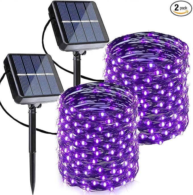 Joomer Purple Halloween Solar String Lights - 2 Pack Total 80FT 240LED | Solar Fairy Lights, Waterproof Outdoor Twinkle Lights with 8 Modes for Garden, Porch, Trees, Halloween Decor (Black Wire)