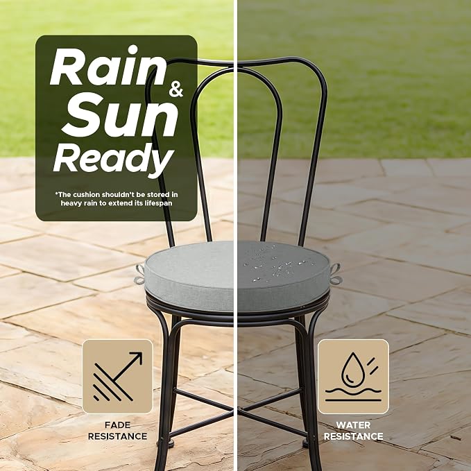 Outdoor Round Chair Cushions 15 Inch, Set of 2, Light Grey | Fade-Resistant, Water-Resistant, Bistro Chair Seat Pads for Porch Garden Balcony Patio Furniture Stools, Non-Slip Bottom